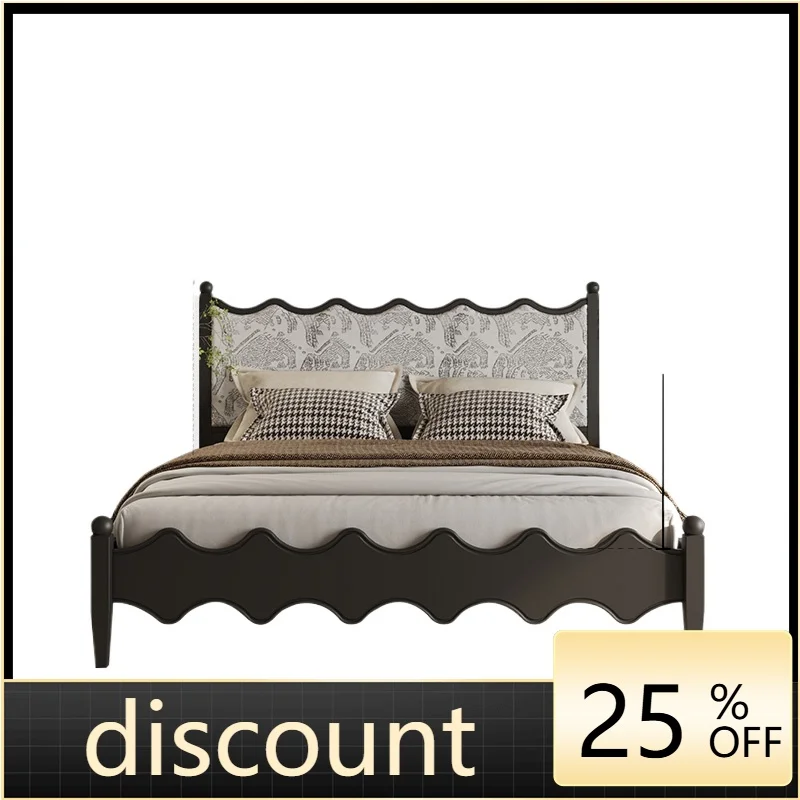 LMM French American Vintage Solid Wood Double Bed, 1.8m Master Bed, Jacquard Fabric Queen Bed
