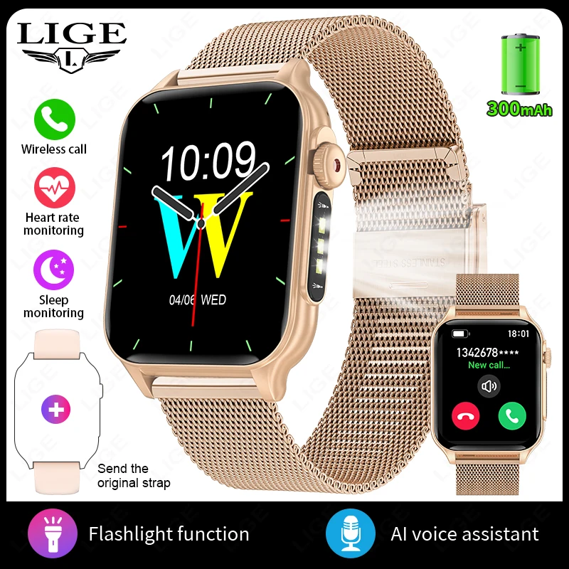 LIGE Neue 1,96 "Smart Uhren Männer Frauen LED Taschenlampe 3ATM Wasserdichte Sport Uhr Fitness Tracker Herzfrequenz Überwachung Smartwatch mann 5