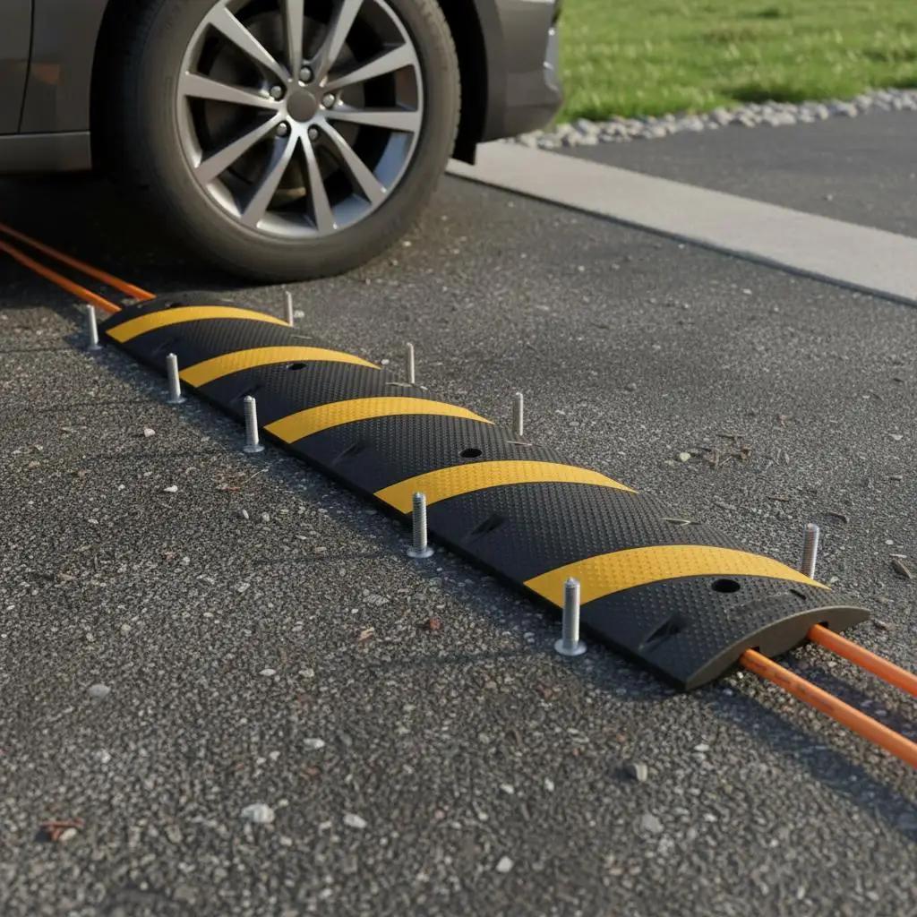 

Rubber Speed Hump 72in For Driveway Parking Lot Road, 22000lb Capacity Dual Channel Cable Protector Ramp Expansion Screws Inc