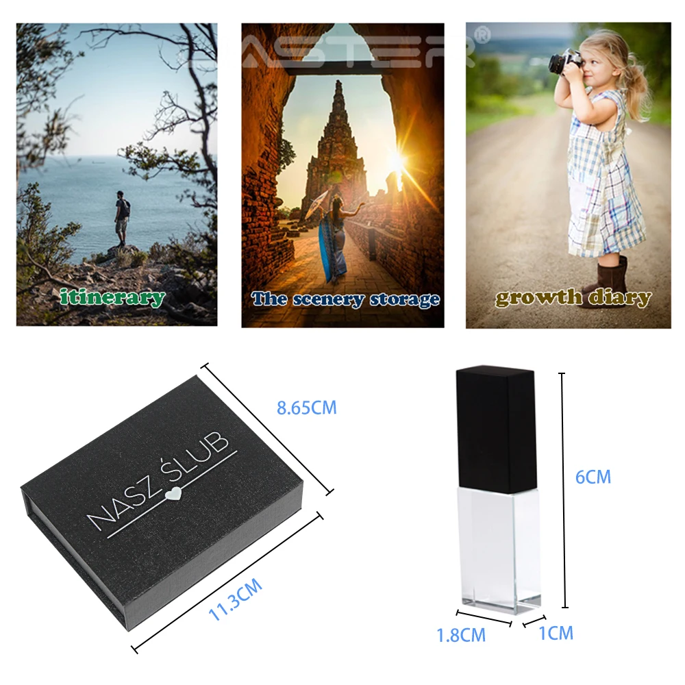 JASTER Black Gift Box USB Flash Drive 3.0 Crystal Black 64GB Gold 32GB Silver 16GB Free Custom Logo Memorial Sweet Moment Gift