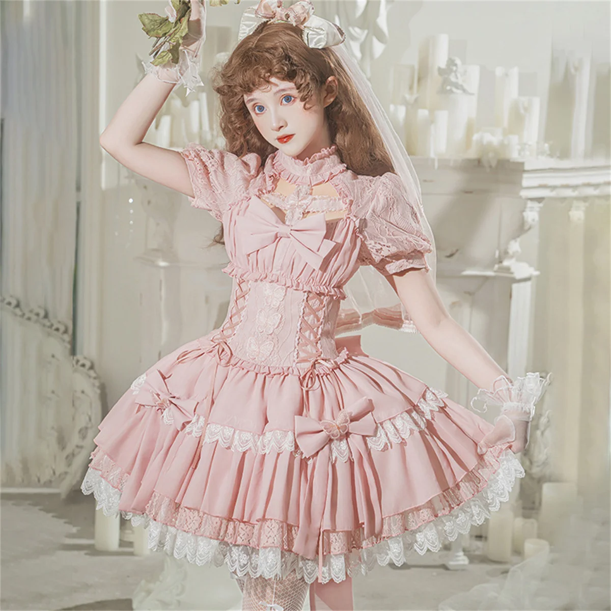 

Japanese Style Sweet Girls Cosplay Lolita Op Kawaii Cute Loli Tunic Bow Lace Ruffled Ribbon Puff Sleeve Princess Dress