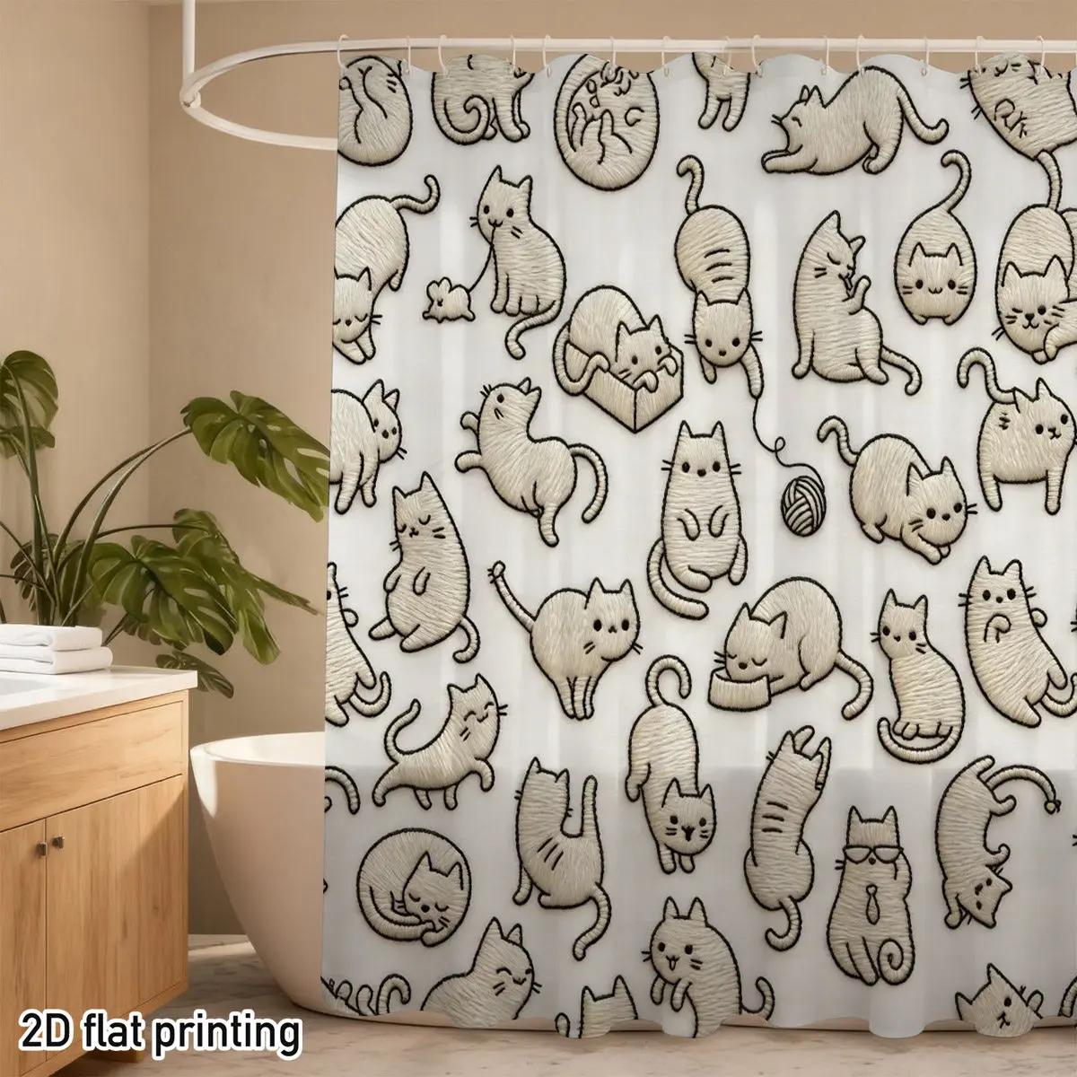 Cute Cartoon Cats Shower Curtain – Playful Kittens in 20+ Poses, Beige & Black Line Art, Polyester, 12 Hooks, Water-Resistant