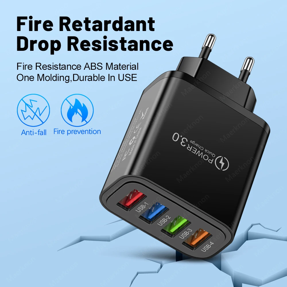 Cargador USB de 40W QC 3,0, adaptador de cargador de teléfono de carga rápida de 4 puertos para iPhone, Samsung, Xiaomi, Huawei 3.1A, cargador de pared con enchufe UE/EE. UU.