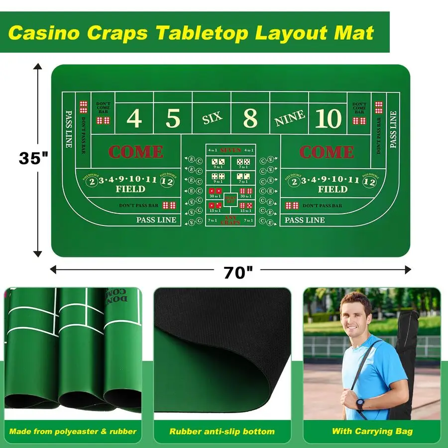مجموعة ألعاب Craps Tabletop، تتضمن حصيرة تخطيط سطح الطاولة من المطاط مقاس 35 × 70، نرد من درجة الكازينو AAA مقاس 19 مم، وأزرار تشغيل 3 بوصة