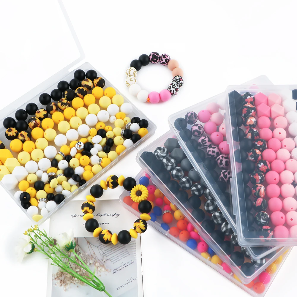 

150 Pcs/Box Mixed With Silicone Polyhedral ,Round Beads, Printing Beads For DIY Jewelry