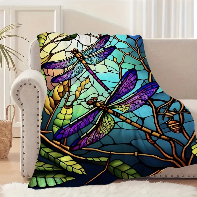 1pc Vibrant Dragonfly Print Flannel Blanket - Colorful Stained Glass Design, Multi-Use Cover for Sofa, Camping, Travel, and Picn