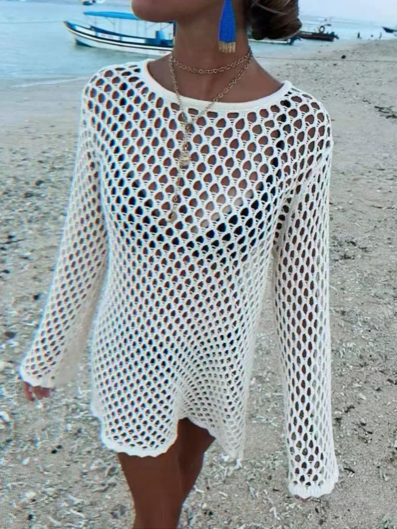 Strand-Stil Durchbrochenes Bikini-Cover-Up, Rundhals-Strickkleid mit Langen Ärmeln, Schlichtes Design, Perfekt für den Sommerurlaub – Detail 10