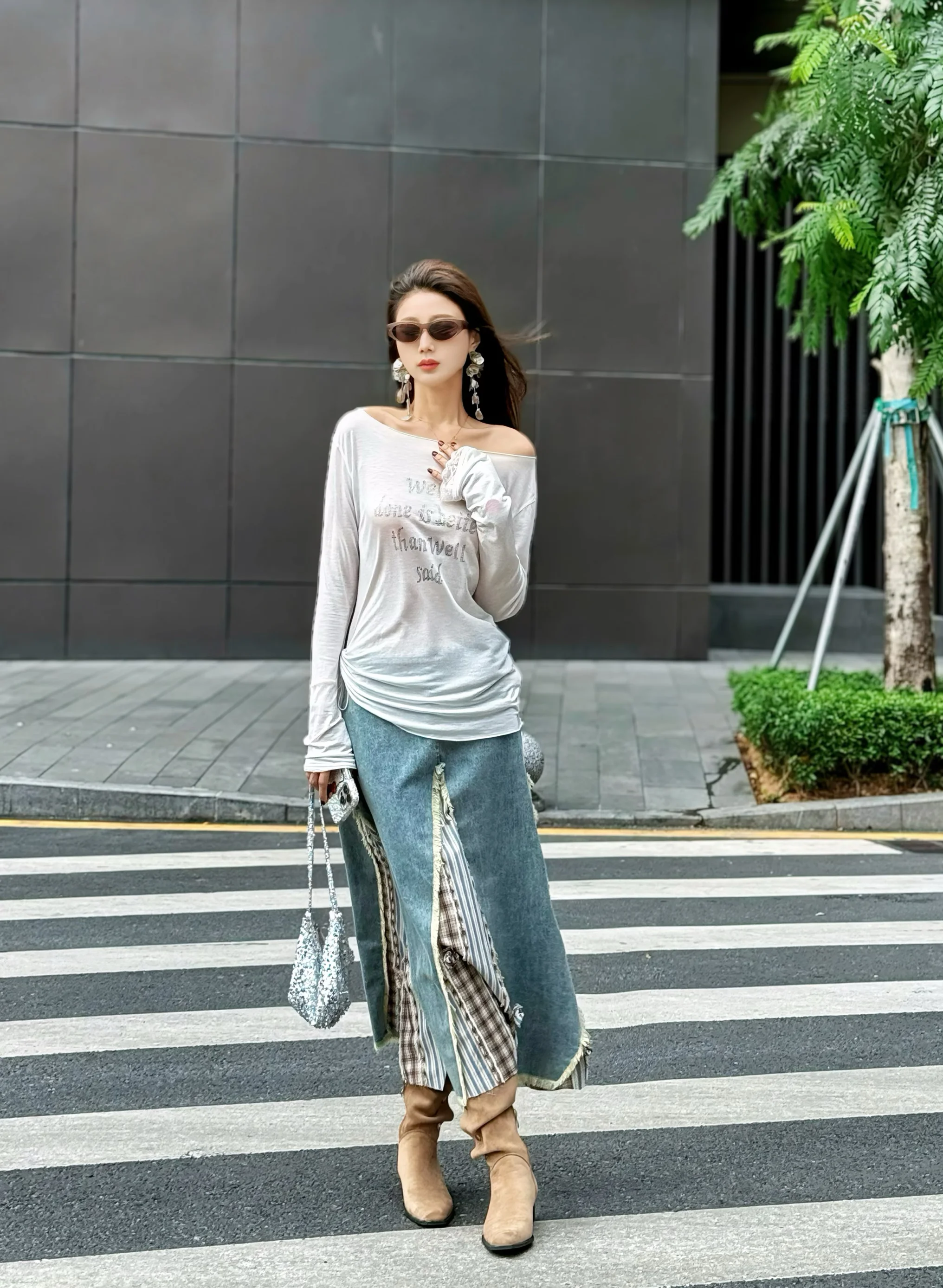 

Ойх! Джинсовая лоскутная юбка Yang с высокой талией, повседневная женская юбка из смеси хлопка, джинсовые юбки с высокой талией, весна 2025 г.