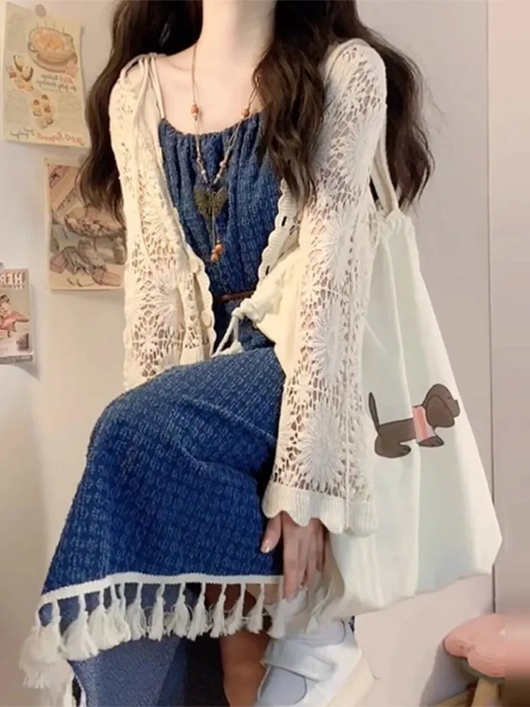 

Bohemian Ethnic Style Women's Early Autumn Yunnan Dali Sunshade Cover up Denim Halter Dress Two Piece Set Long Sleeve Button
