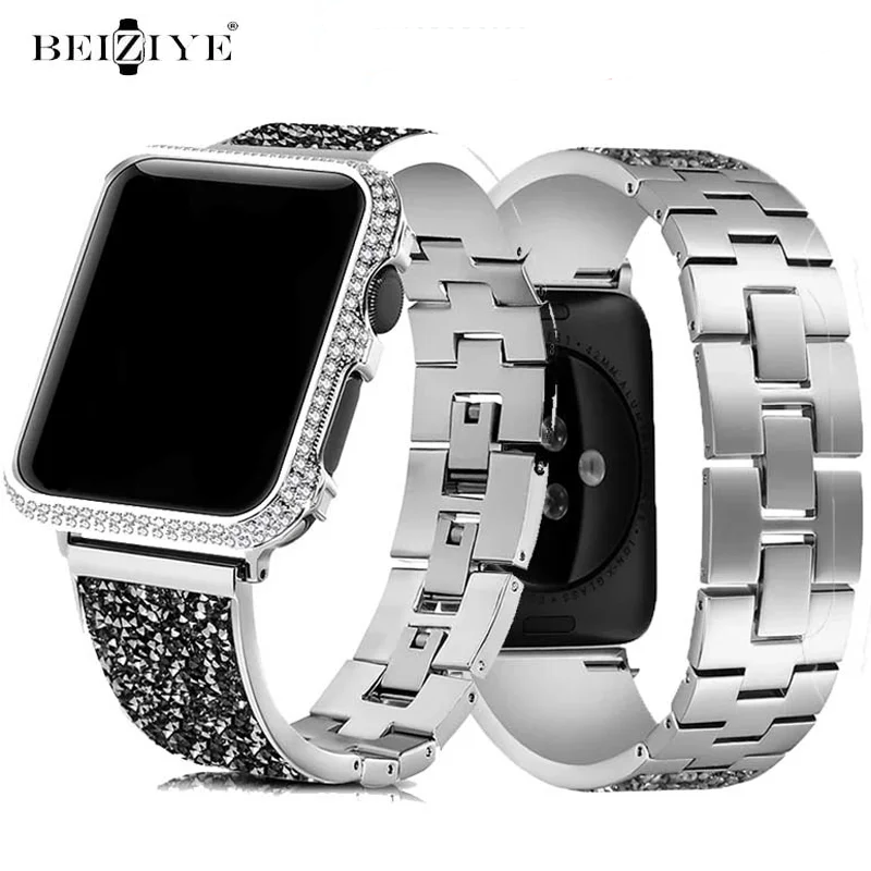 

stainless steel gem strap for apple watch band 38mm 42mm 40mm 44mm 41mm 45mm Metal Case Accessories iwatch series 9 8 7 6 5 SE 4