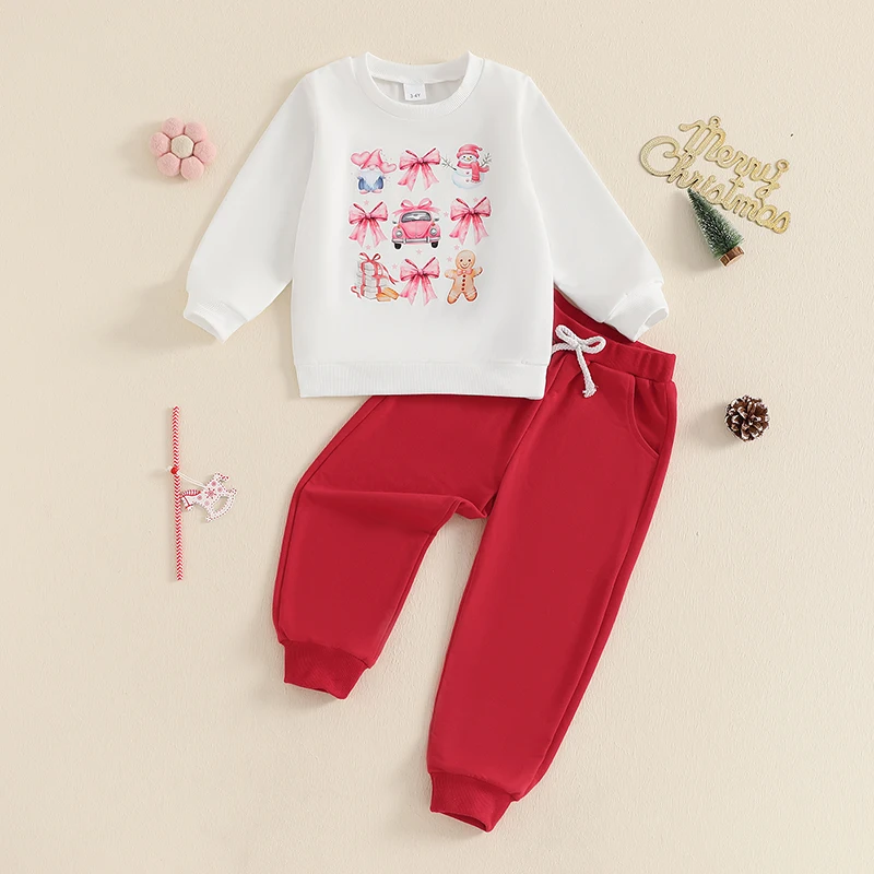 

37Years Kid Girls Fall 2Pieces Sets Christmas Clothes Long Sleeve Bowknot Print Sweatshirt with Sweatpants Fashion Girl Outfits