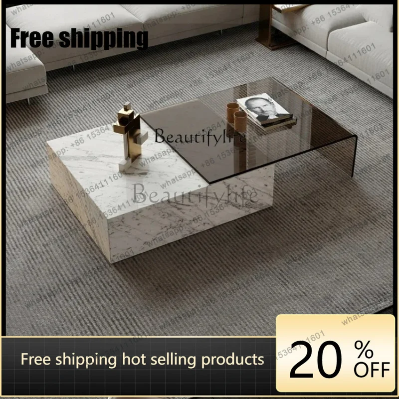 Factory Direct tempered glass minimalist small apartment living room Italian light luxury ancient wood grain