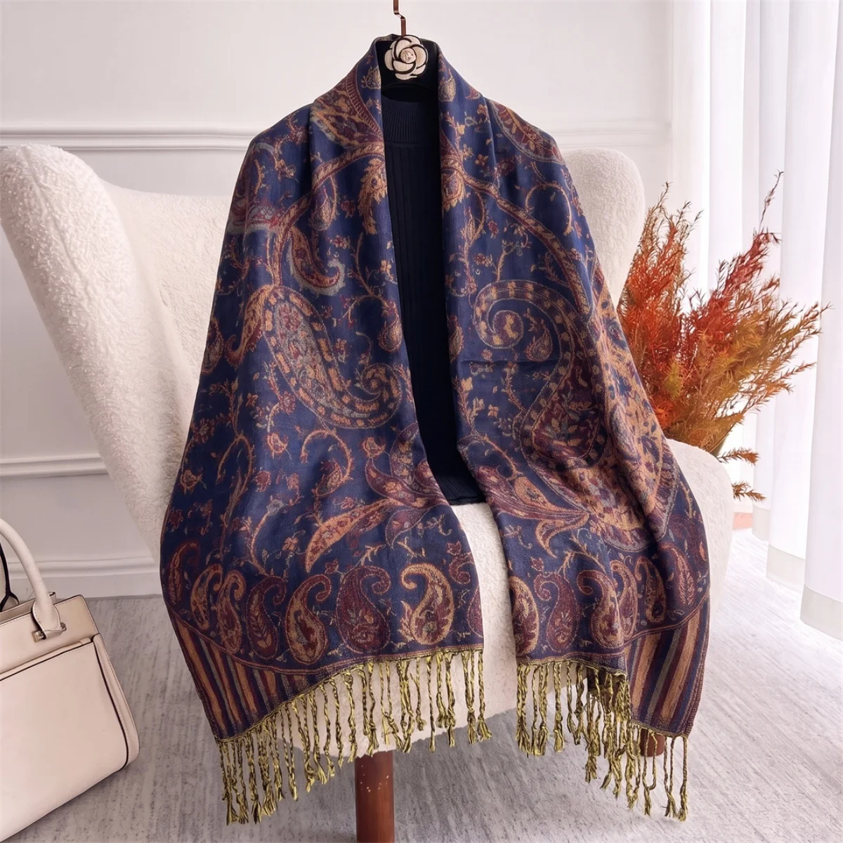 Pashmina Fashion Scarf Bandana Cashmere Shawl Hijab Wrap For Bridal Party City Vacation Retro Botanical Motif Thick Voluminous