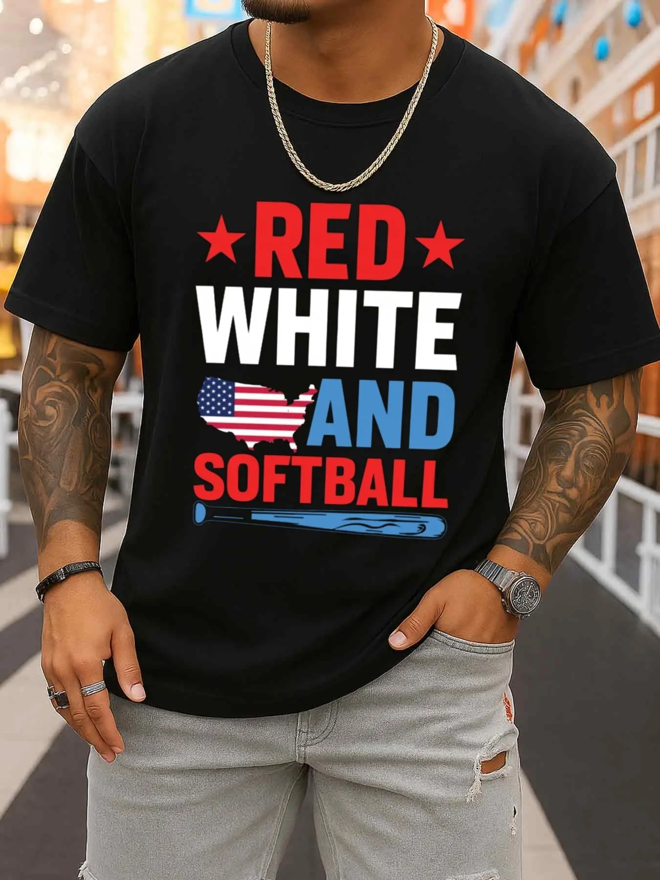 Red, White, and Softball-Themed American T-Shirt. Men's Fun Black Top, Vintage Style, Comfortable Fit, Crew Neck, Regular Sleeves, Suitable for All Seasons, Casual Style, Produced by Greenink