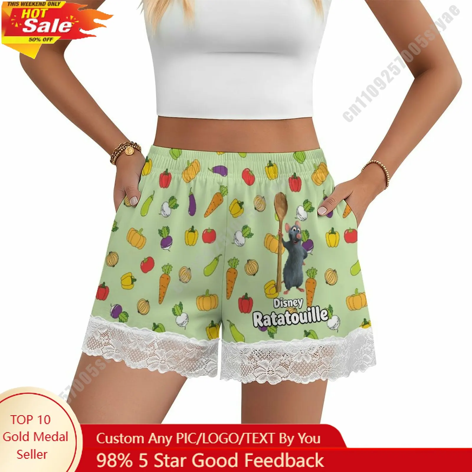 

Ratatouille Short Pajama Pants Disney Cartoon Women Summer Lace Trim Thin Panties Custom Loose Home Casual Shorts