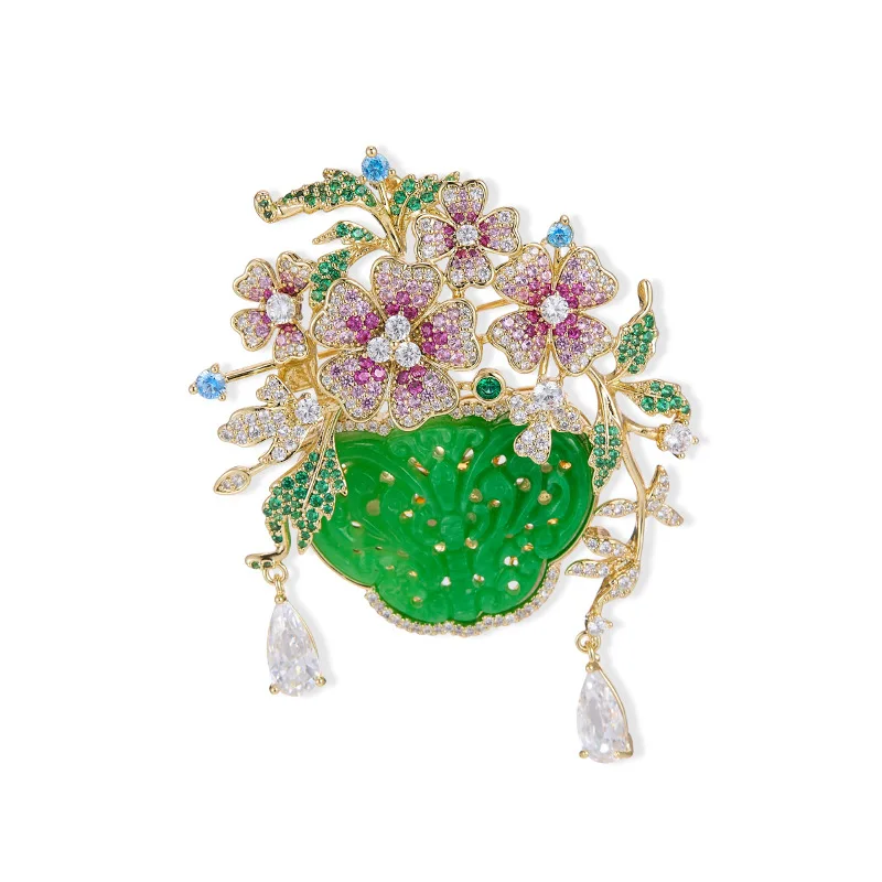 Chinese Style Green Jade Flower Brooch Vintage Color Zircon Bloom Pin Coat Qipao Decor Banquet Corsage Ready Stock Women Jewelry