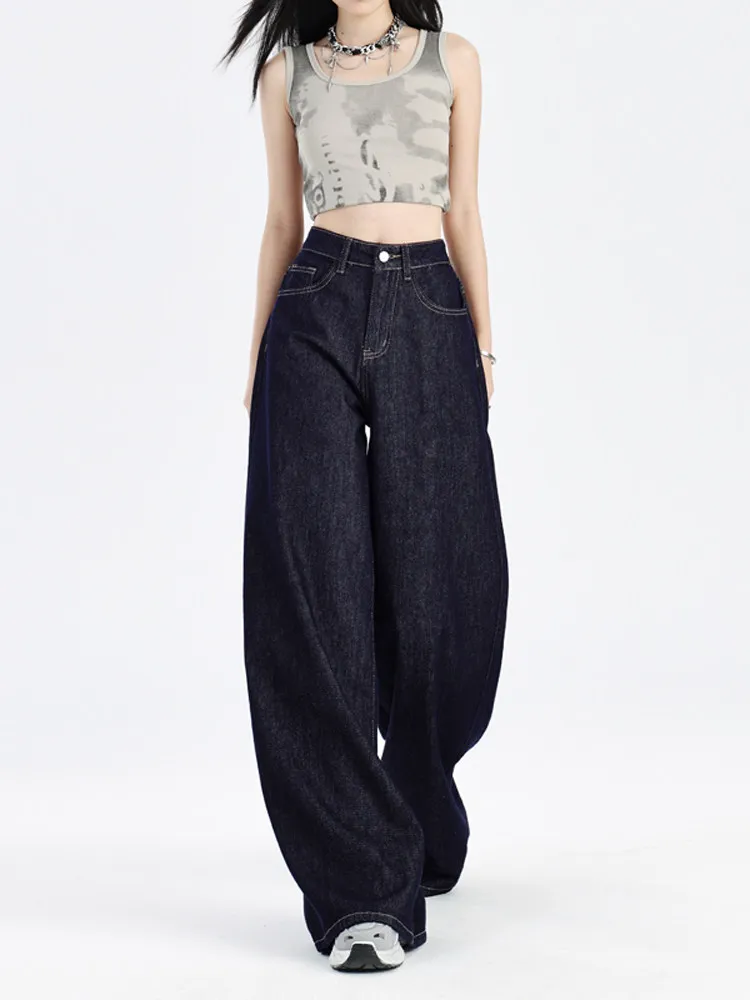 Thin Dark Blue American Style Women‘s Jeans Spring Summer High Waist Loose Fit Straight Wide Leg Casual Denim Trousers