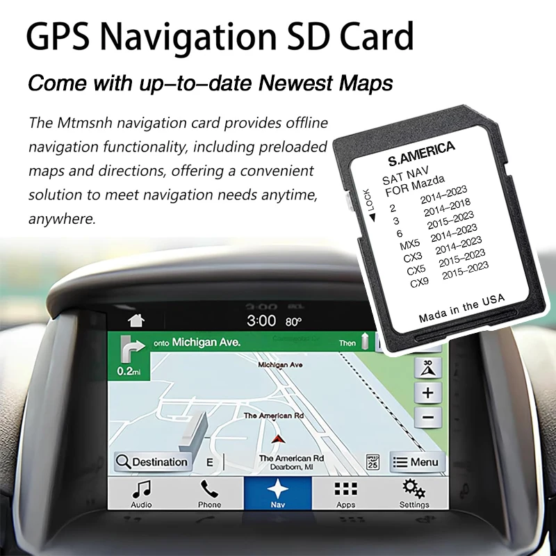South America Map Sat Nav Naving GPS Connect1 Update Software Version Navigation SD Card for Mazda 2/3/6/MX5/CX5/CX9 Vehicle 8GB