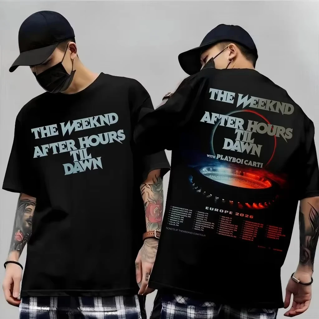 2026 new Extra-large cotton T-shirt with round stage light pattern and European tour city list print