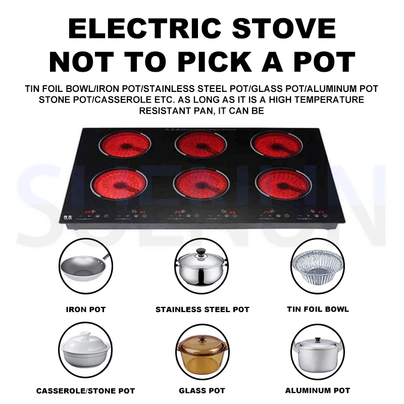 طباخ التعريفي التجاري، فرن كهرومغناطيسي بستة رؤوس، موقد سيراميك كهربائي، موقد مدمج، سيراميك حساس للمس