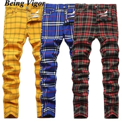 Being Vigor Street High Stretchy Boy Chino Pants Plaid Slim Fitted Casual Pants Pencial Checked Trousers ropa de homre