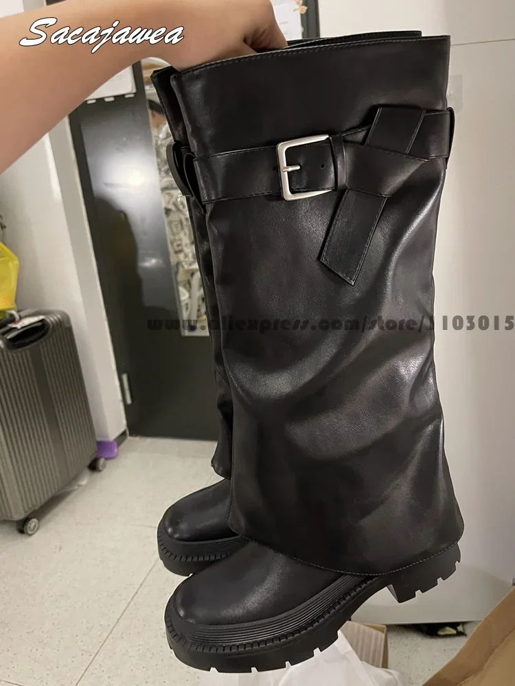 Cow Split Leather Belt Buckle Strap Knee High Modren Boots Round Toe Platform Casual Boots Size 35-40 Plush Casual Lady Boots