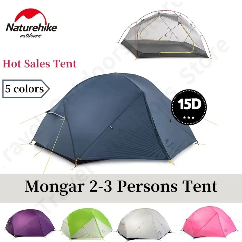 Tenda da campeggio Naturehike Mongar per 2 persone Tenda da campeggio in tessuto di nylon 15D impermeabile Tenda turistica ultraleggera per ampio spazio interno con tappetino