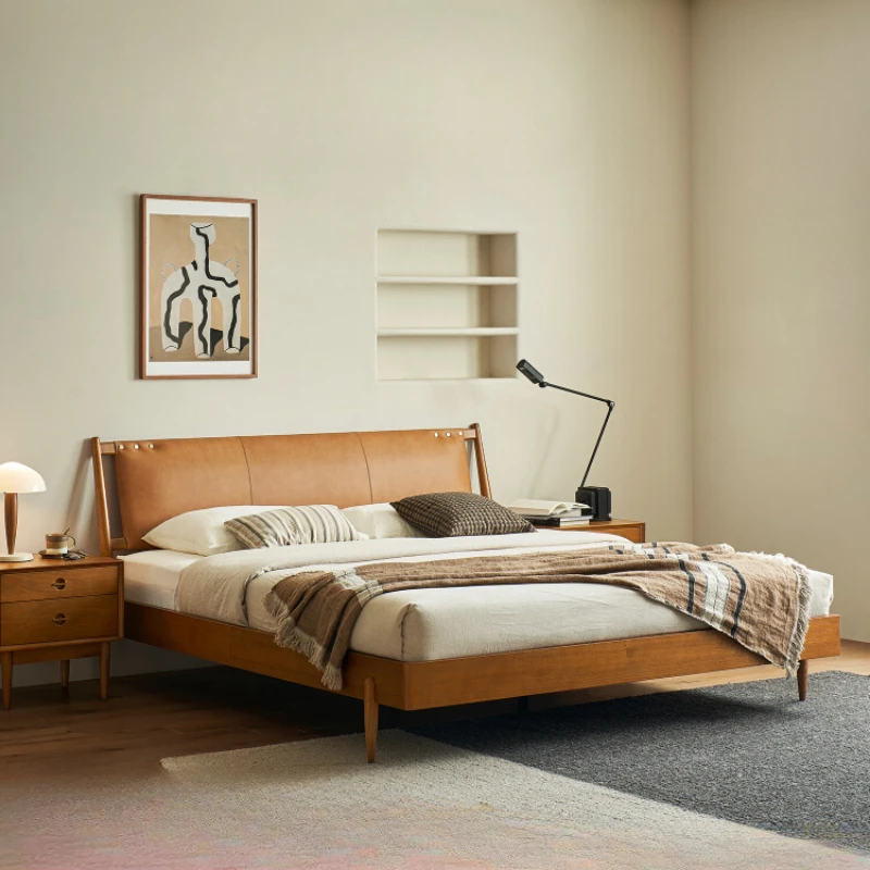 

Nordic light luxury leather bed modern simple first layer cowhide retro master bedroom double bed solid wood bed Z
