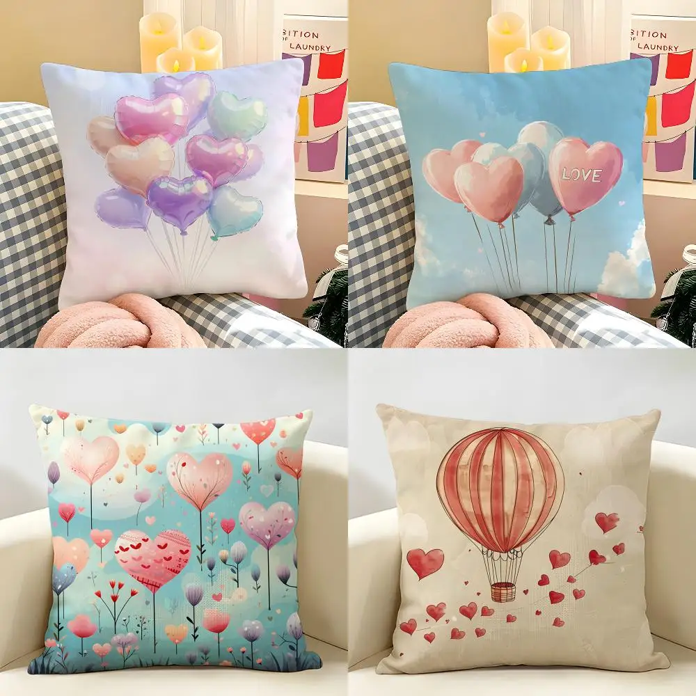 Heart Valentines Day Cushion Cover Natural Linen Organic Fabric Double-Sided Printing Room Sofa Decor Pillow Case