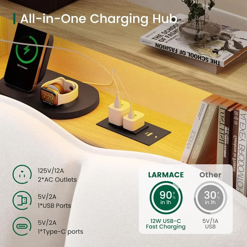 Kingsize bedframe met LED-verlichting en laadstation Fluweel gestoffeerd platformbedframe met opberghoofdeinde