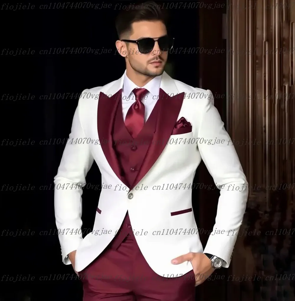

White And Burgundy Men Suit Formal Wedding Party Groom Groomsman Business Male Tuxedos Customized 3 Piece Set Jacket Vest Pants