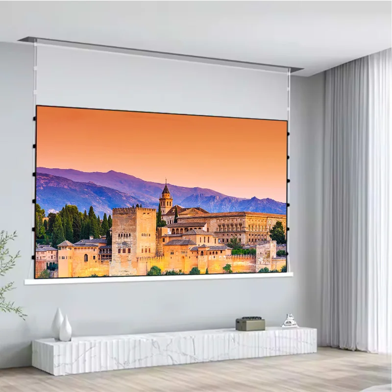 شاشة عرض ALR جديدة بمحرك كهربائي من PetStar باللون الرمادي لعام 2025 مع حامل جداري عائم 16:9 لجهاز عرض عادي 4K