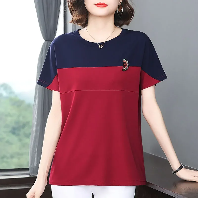 

Футболка женская летняя из чистого хлопка с контрастными вставками, свободного кроя, новый стиль, топ для мам