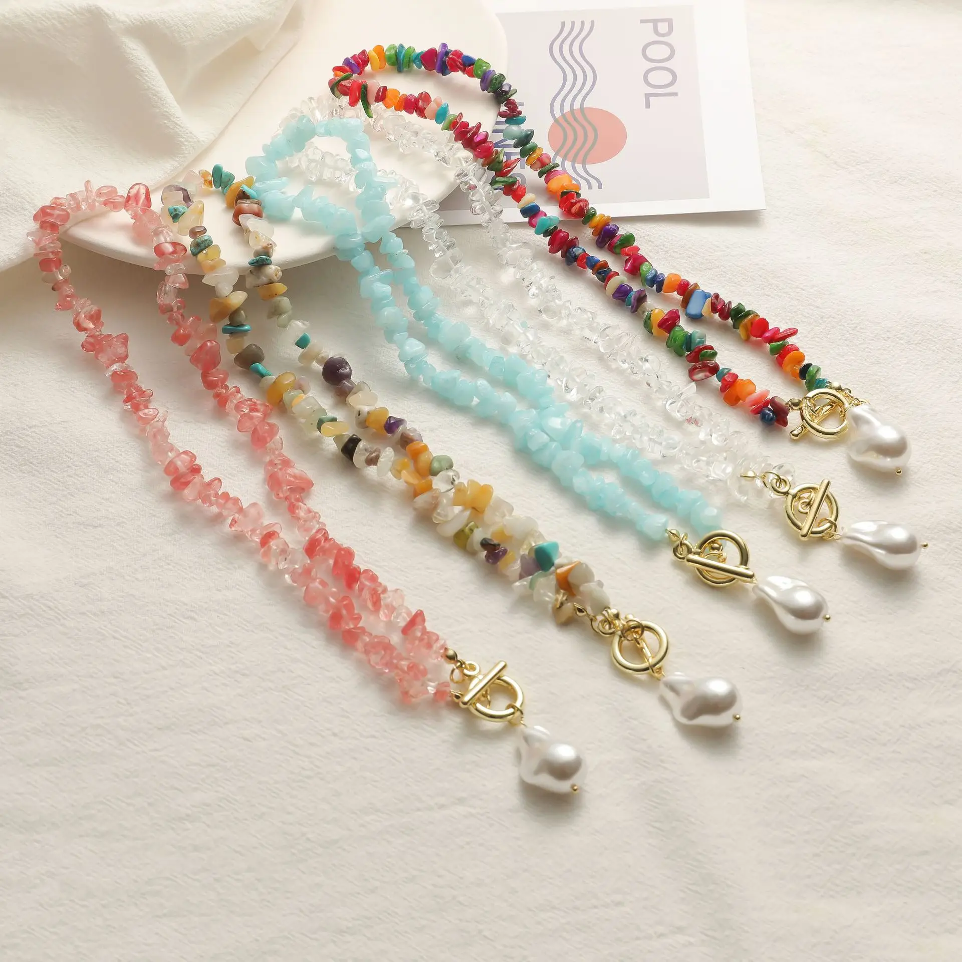 New Natural Stone Collarbone Chain Fashion Colorful Crushed Stone Pearl Necklace For Woman Girl Party Wedding Birthday Jewelry