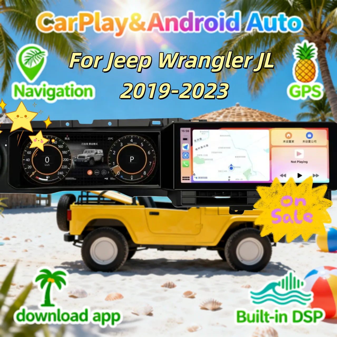 

Новое обновление 12,3-дюймового мультимедийного радиоприемника с двумя экранами Android, цифровой кластер, беспроводной CarPlay для Jeep Wrangler 2019-2023