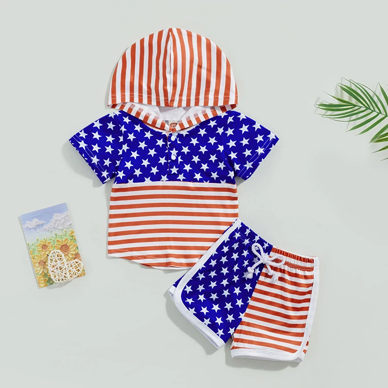 Toddler Boys Independence Day Clothing Patriotic American Flag Print T-Shirt Shorts Set for 4th of July Celebrations