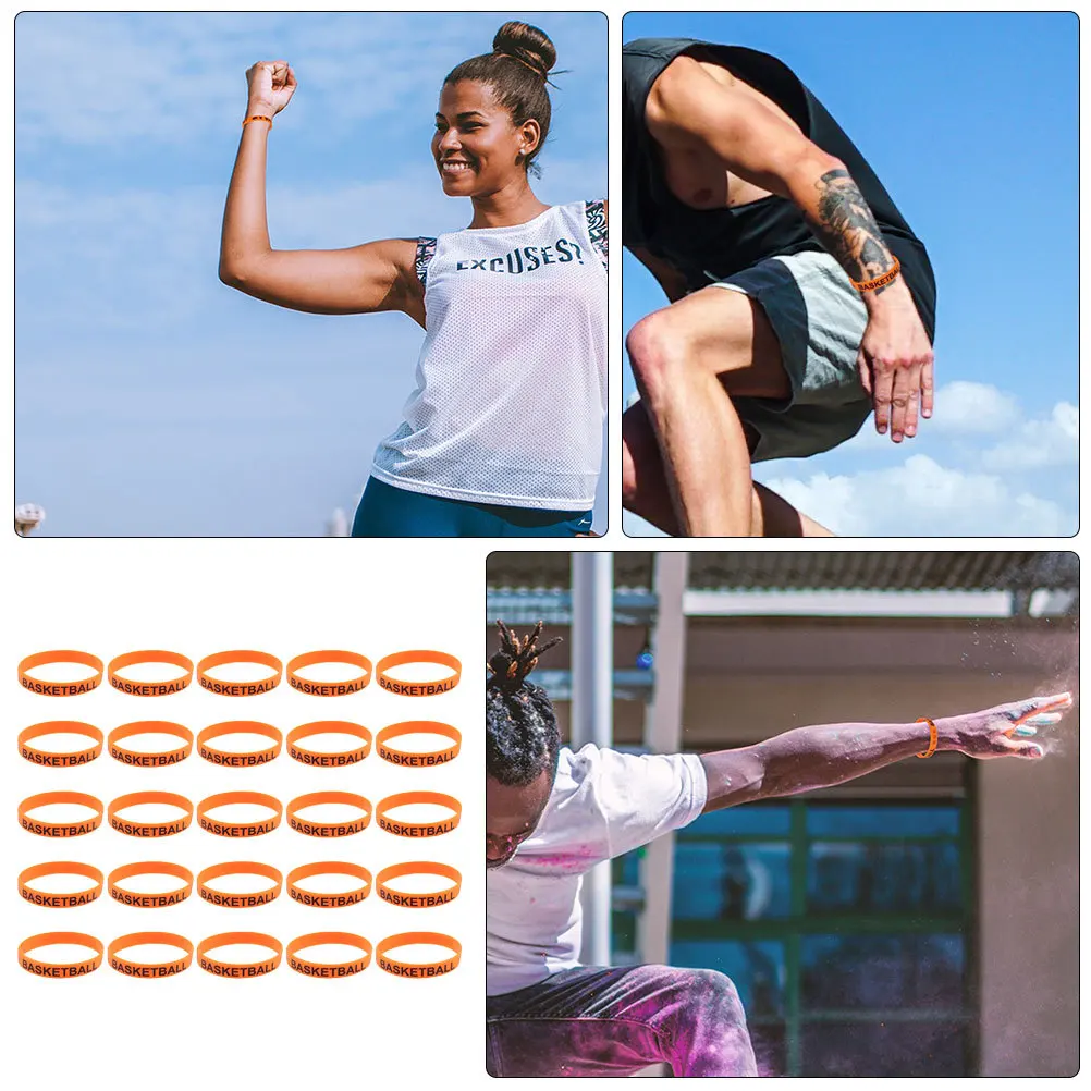 

50pcs Basketball Printed Wristband Letter Design Silicone Bracelets Elastic Wristbands For Party Carnival Birthday Sportswear