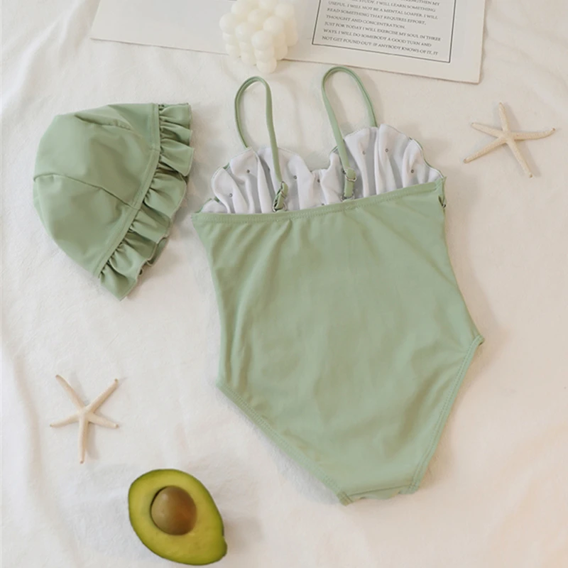 Baby Girl Sling Swimwear Summer New Solid Pearl One Piece Swimsuit with Hat for Children Sleeveless Kids Clothes Girls 1-8 Years