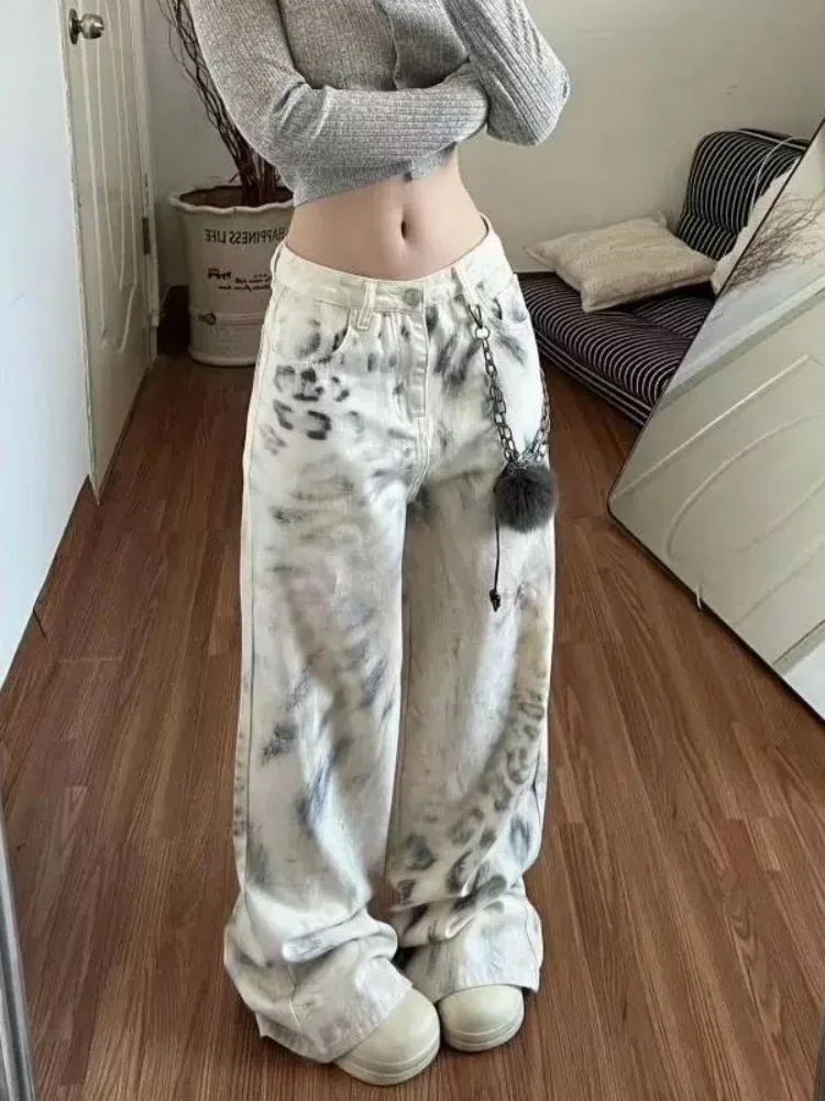 

Модные женские джинсы Y2K 2026 года: свободные, прямые, с эффектом потертости, с леопардовым принтом, белые, длинные брюки для женщин, Ropa Mujer