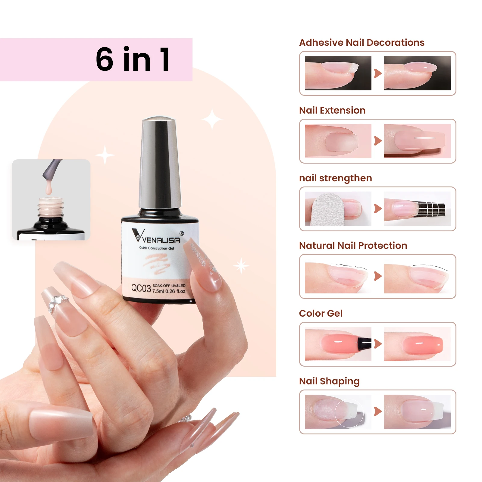 VENALISA Quick Construction Gel Fast Building Nagelgel Jelly Semi Transparent French Nail Camouflage Soak Off UV LED Nagelgel – Detail 17