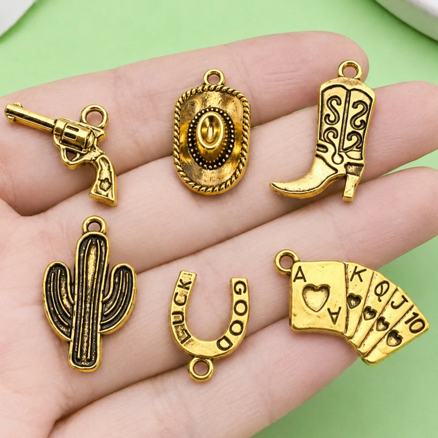 6Pcs Vintage Golden Western Cowboy Alloy Charms, Cowboy Boot Hat Horse Cactus DIY Pendants, Handmade Jewelry Making Accessories