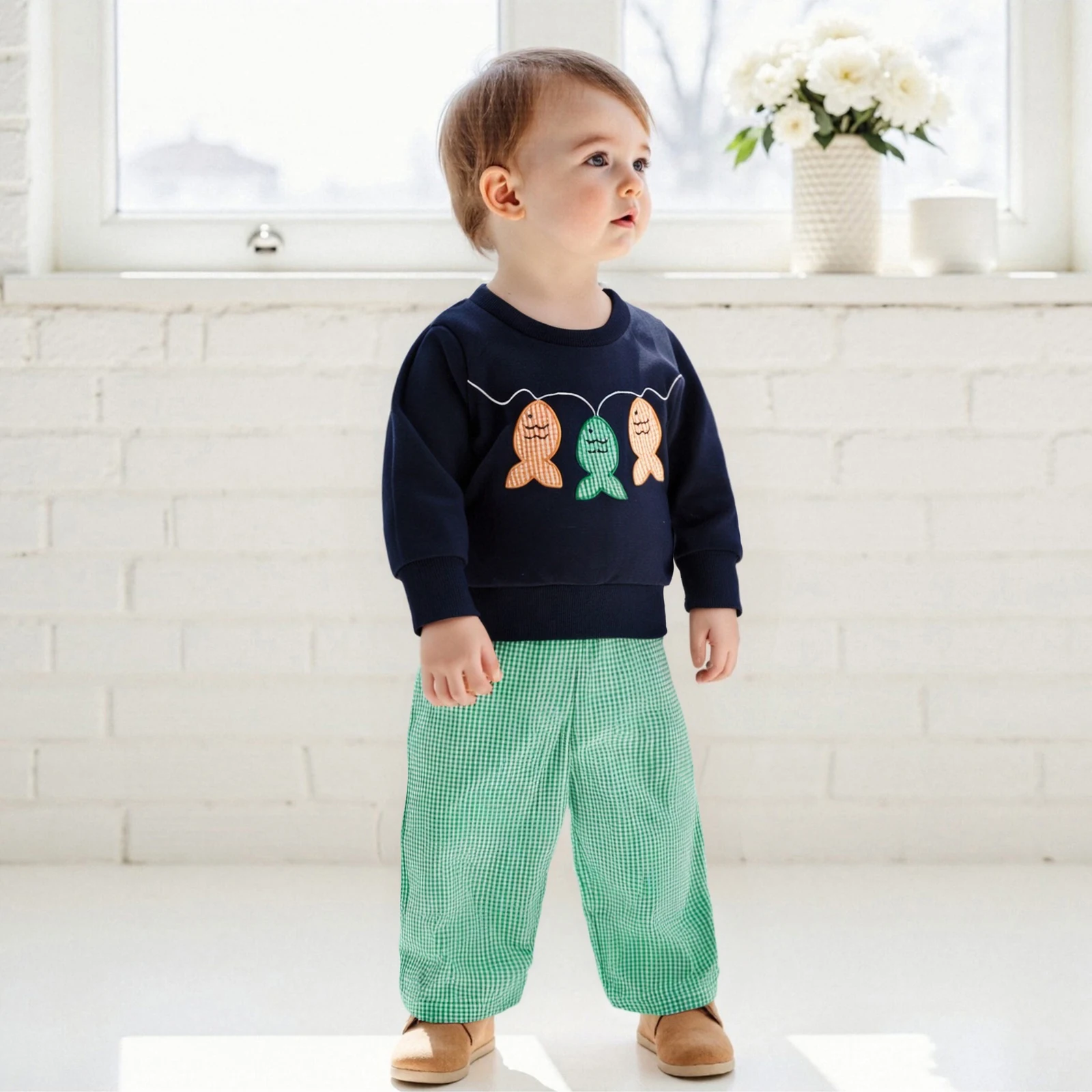 

Одежда для новорожденных мальчиков, осенняя одежда, комплект из 2 предметов, толстовка с длинными рукавами и вышивкой «рыба», комплекты брюк