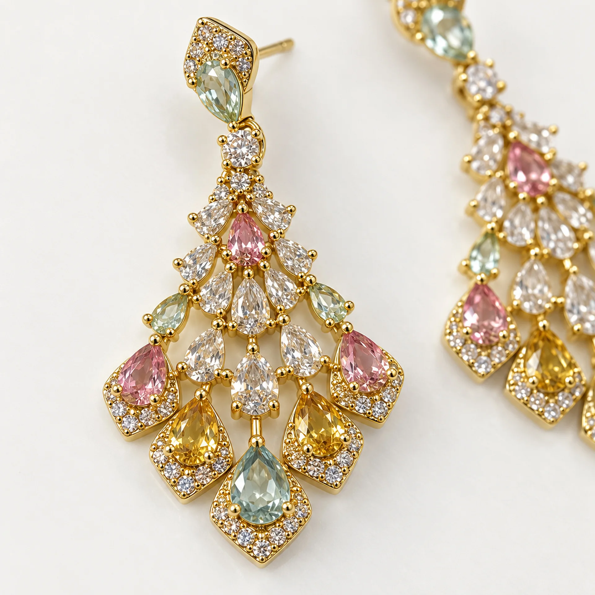 Light Luxury Hollow Colored Gemstone Peacock Feather Long Drop Earrings, Surrounded Paved Zircon Ultra Sparkly Exquisite Women J