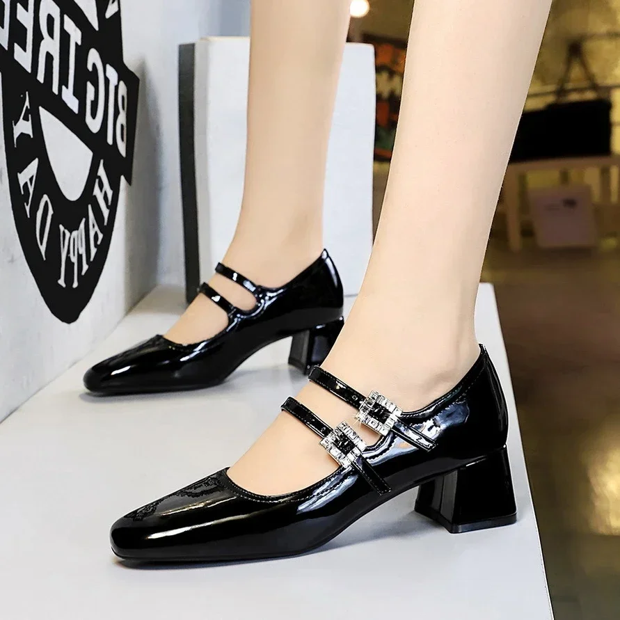 BIGTREE Spring Fashion CRYSTAL Buckle Strap Womens Pumps Square Toe Stripper Elegant Party Square Heel Ladies Mary Jane Shoes