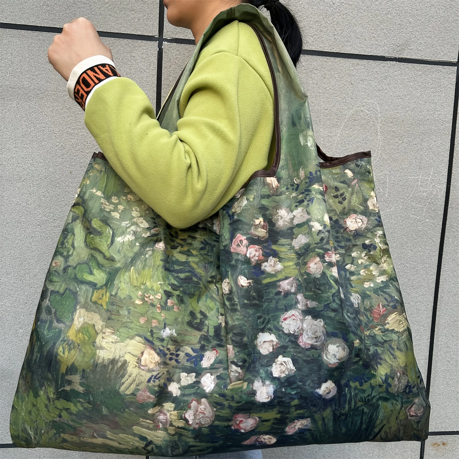 Rose Oil Painting Fashion Bag Foldable Shopping Bag Reusable Grocery Storage Bag Nylon Portable Shoulder Handbag Travel Tote Bag