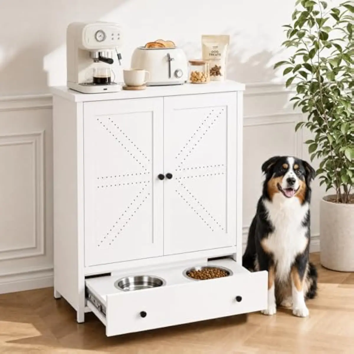 Metal Pet Feeding Station with Pull-Out Drawer and 2 Removable Stainless Steel Bowls, 40L Dog Food Storage Cabinet with Adjustable Shelves and Odor-Free Design for Cats Dogs