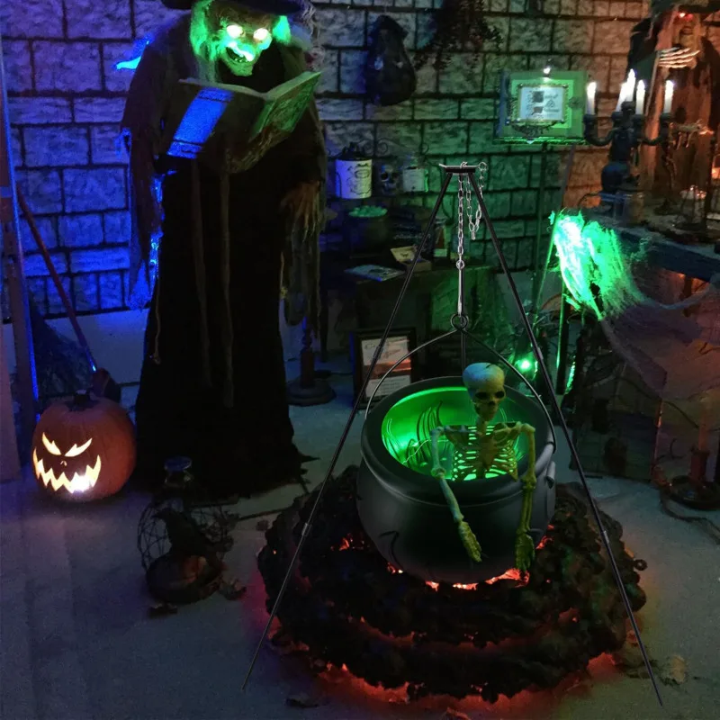 Halloween Witch Pot Light Large Witches Cauldron On Tripod American Tripod Metal Pot With Green Light Christmas Decoration Gifts