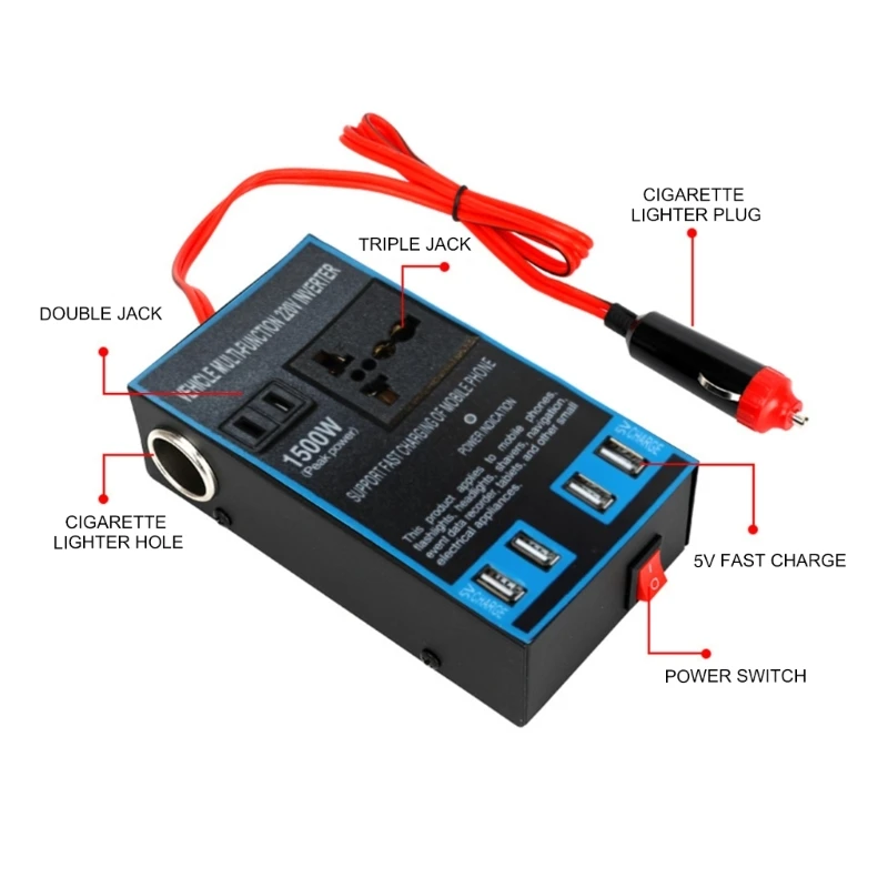 1500W Power Inverter Car/Outdoor DC12V 24V To AC220V Converter, with 4 USB 5V Port for Car Electrical Appliances