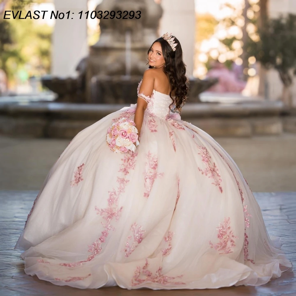 EVLAST Personalizado Glitter Marfim Quinceanera Vestido de Baile Rosa Floral Applique Beading Doce 16 Vestidos De 15 Anos E1QN652