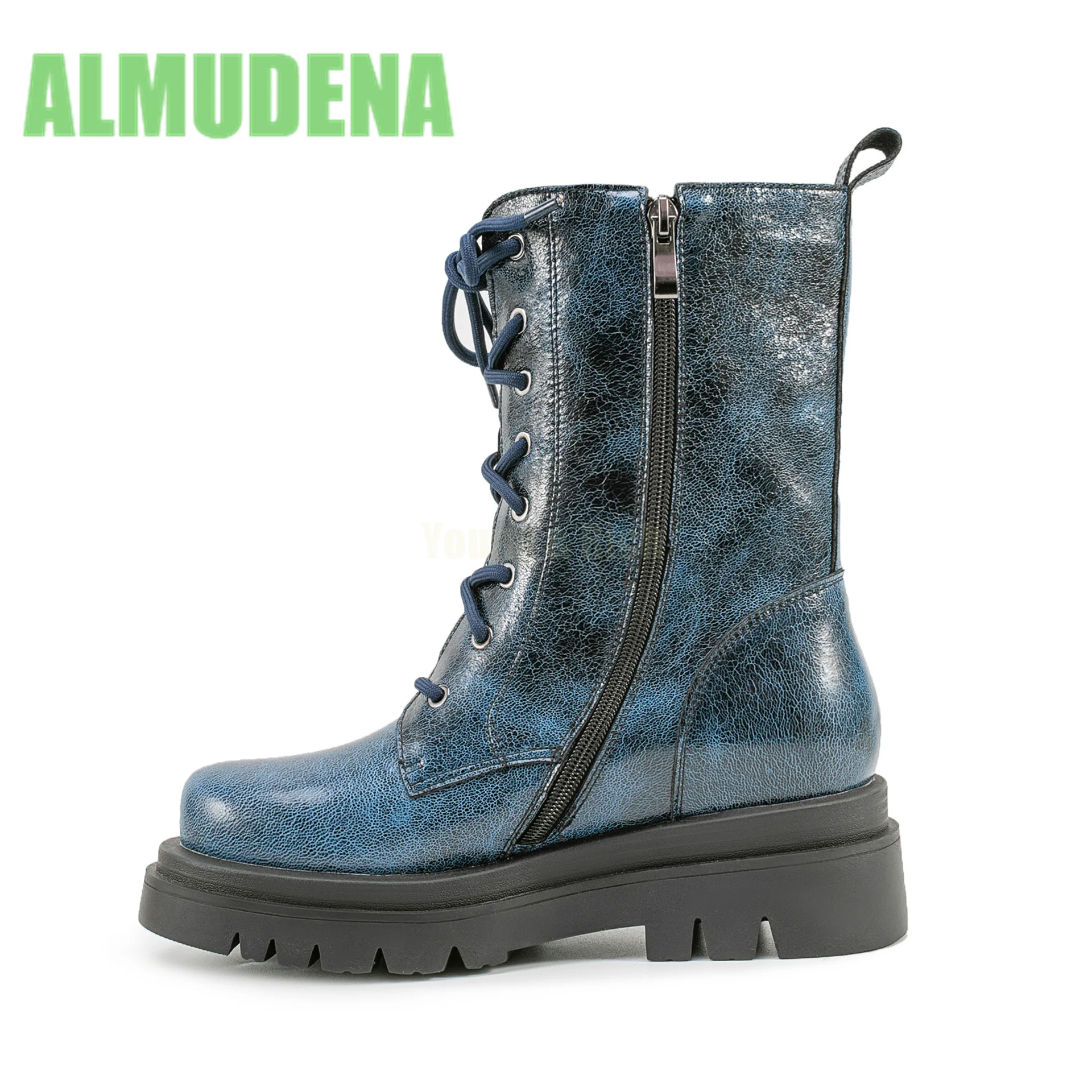 

Женские модные новые стильные ботинки средней длины на толстой подошве с круглым носком и боковой молнией, полированные модные ботинки средней длины